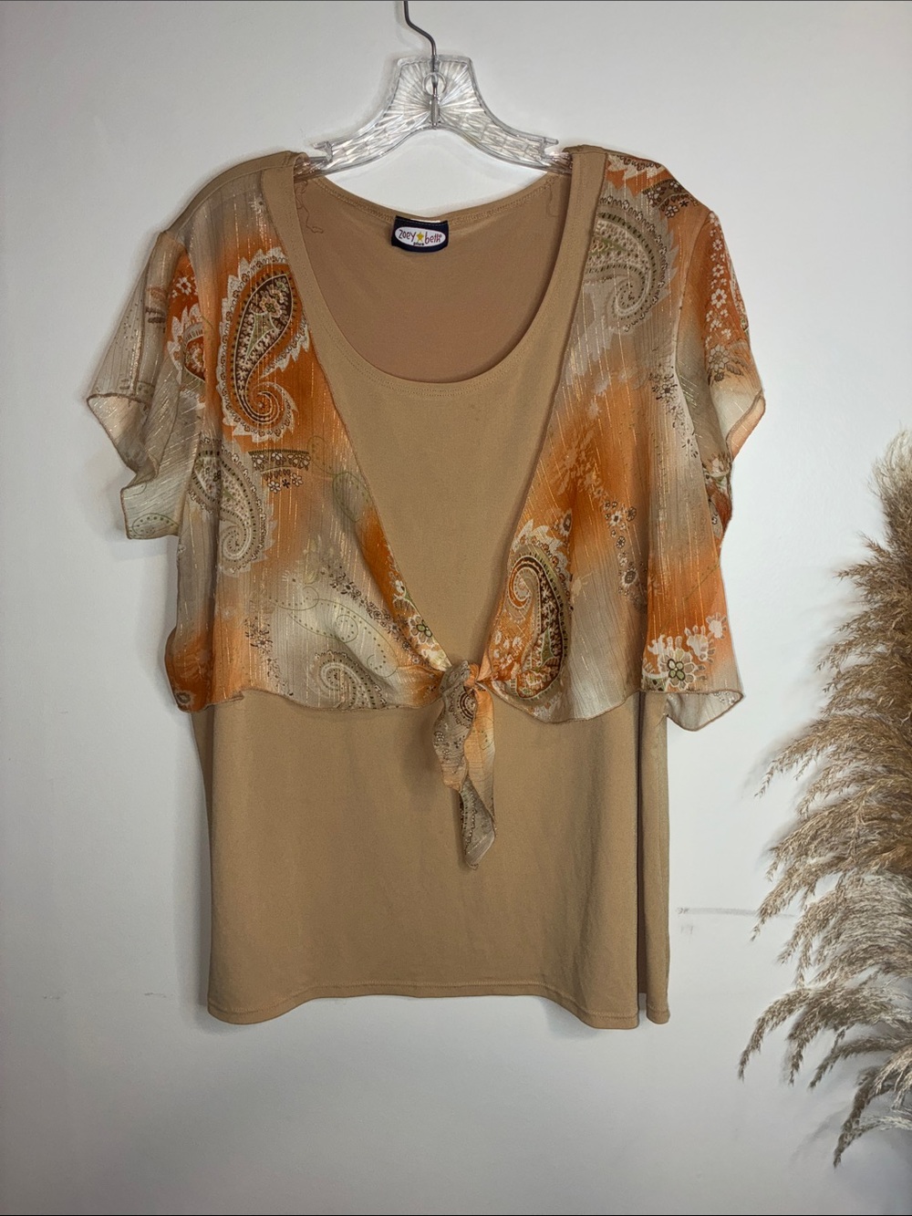 Tie-Front Layered Blouse in Tan and Orange by OASIS